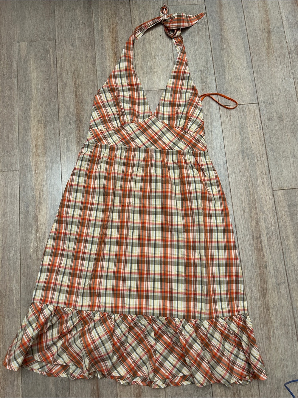 VTG Tommy Bahama Cotton Plaid Halter open back Sundress in Orange and Cream M